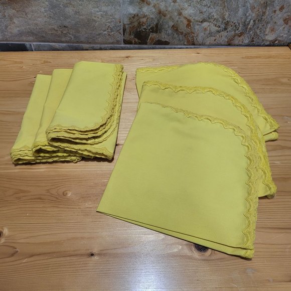 VTG Yellow Cotton Table Napkin Lace Trim Set of 6 - Picture 3 of 11